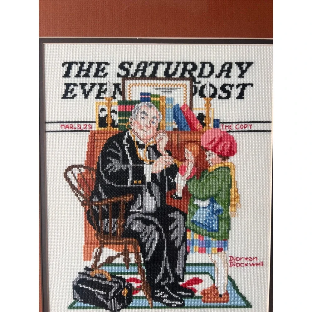 Norman Rockwell Saturday Evening Post Doctor and Doll Framed Cross Stitch Art